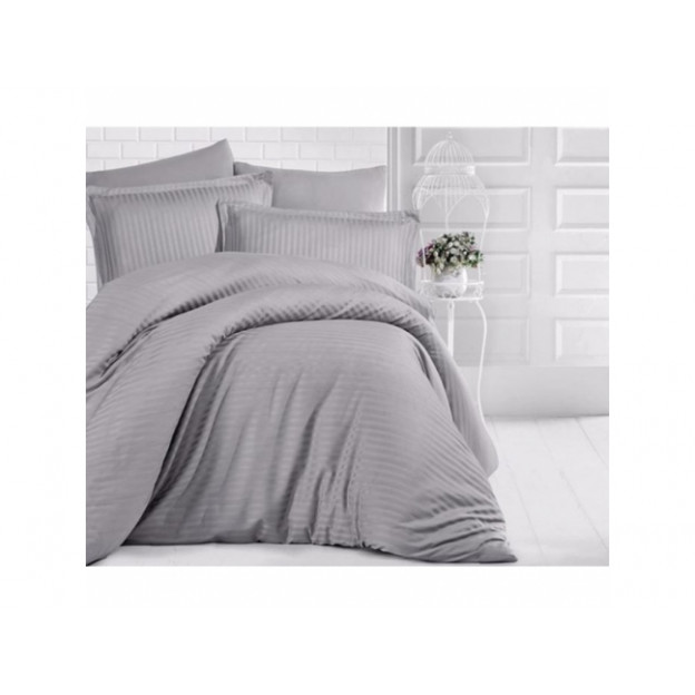 Едноцветно спално бельо на райе от 100% сатениран памук - Uni Grey