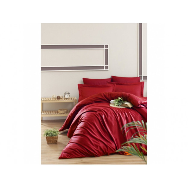 Едноцветно спално бельо от памучен сатен - Червено