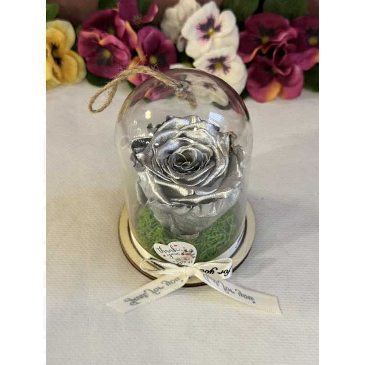 Естествена вечна роза в PVC купол Metallic Silver